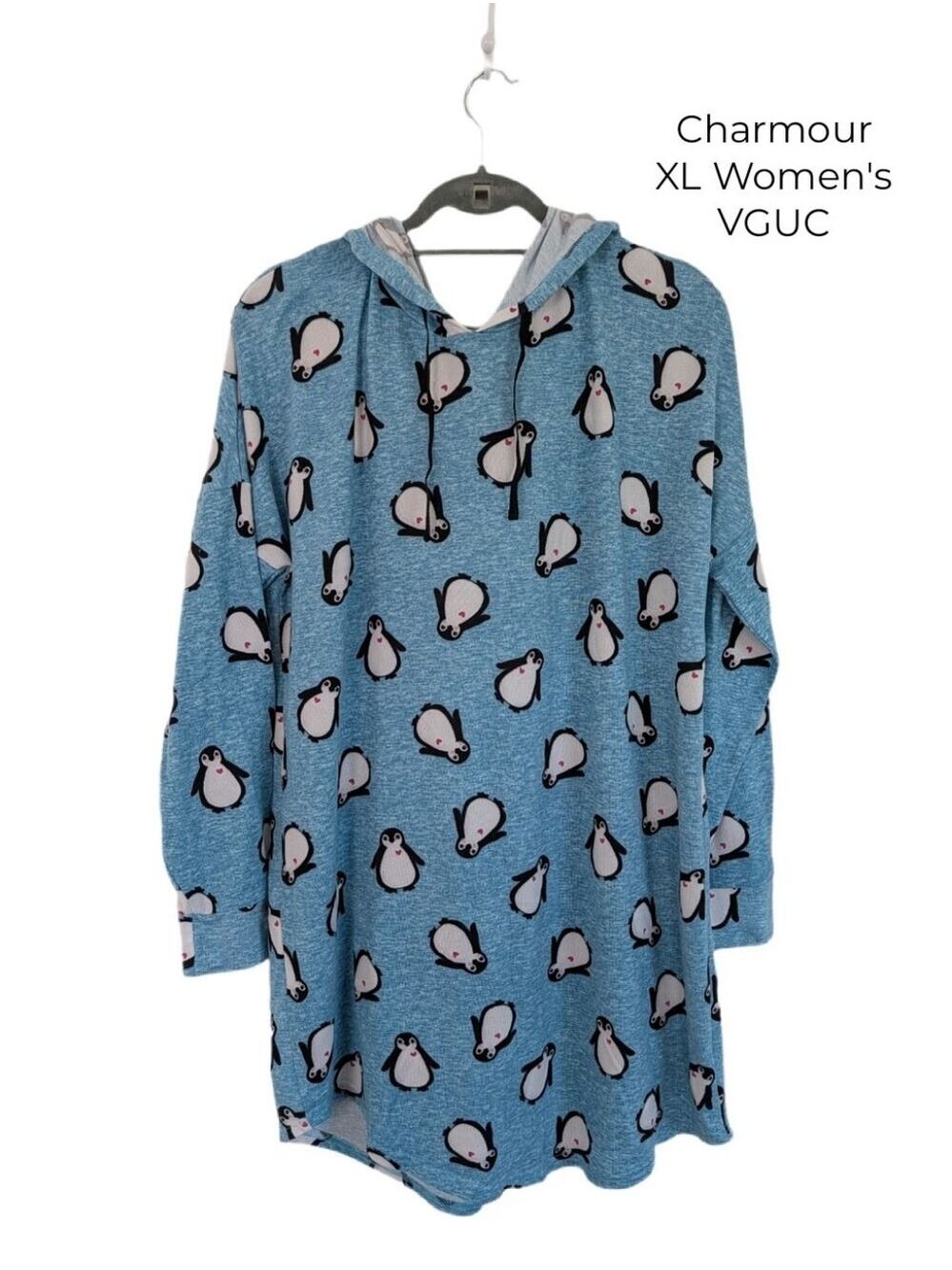 🩵 4/$20 Women's XL Thinner Style Blue Penguin Print Hoodie Sweater